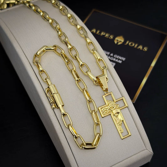 Corrente e Pulseira Meia Cana 6mm e Pingente Cruz Rosto Banhado a Ouro 18K
