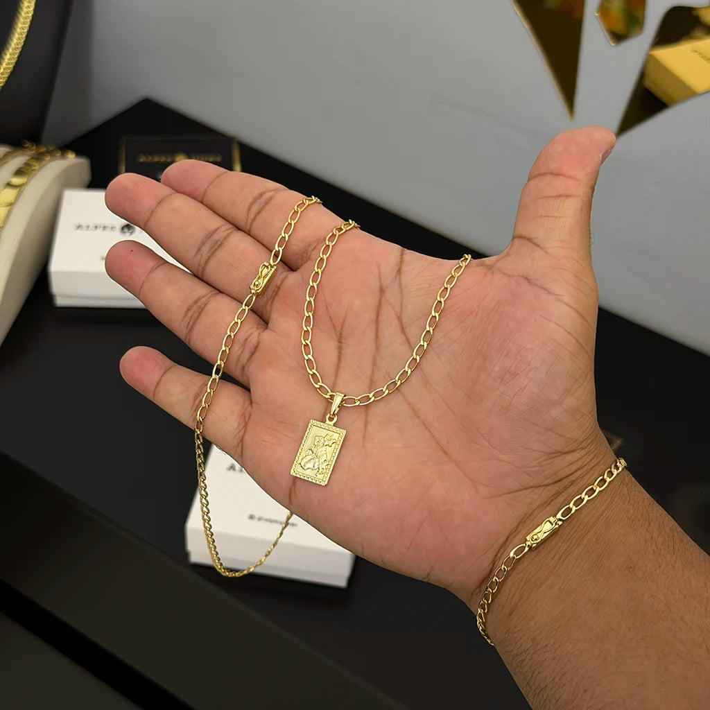 Corrente e Pulseira Grumet Aberta 4mm e Pingente São Jorge Banhado a Ouro 18K