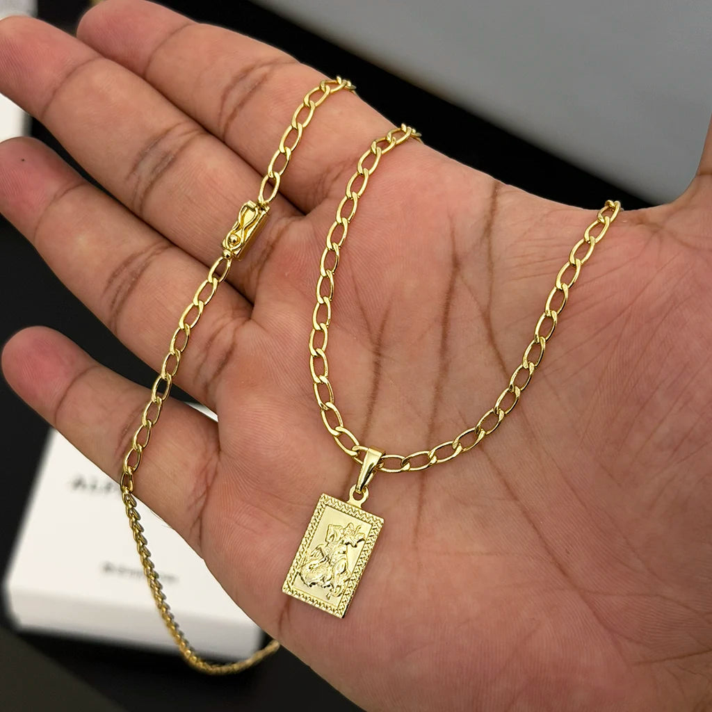 Corrente e Pulseira Grumet Aberta 4mm e Pingente São Jorge Banhado a Ouro 18K