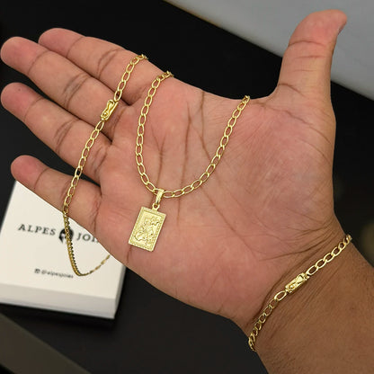 Corrente e Pulseira Grumet Aberta 4mm e Pingente São Jorge Banhado a Ouro 18K