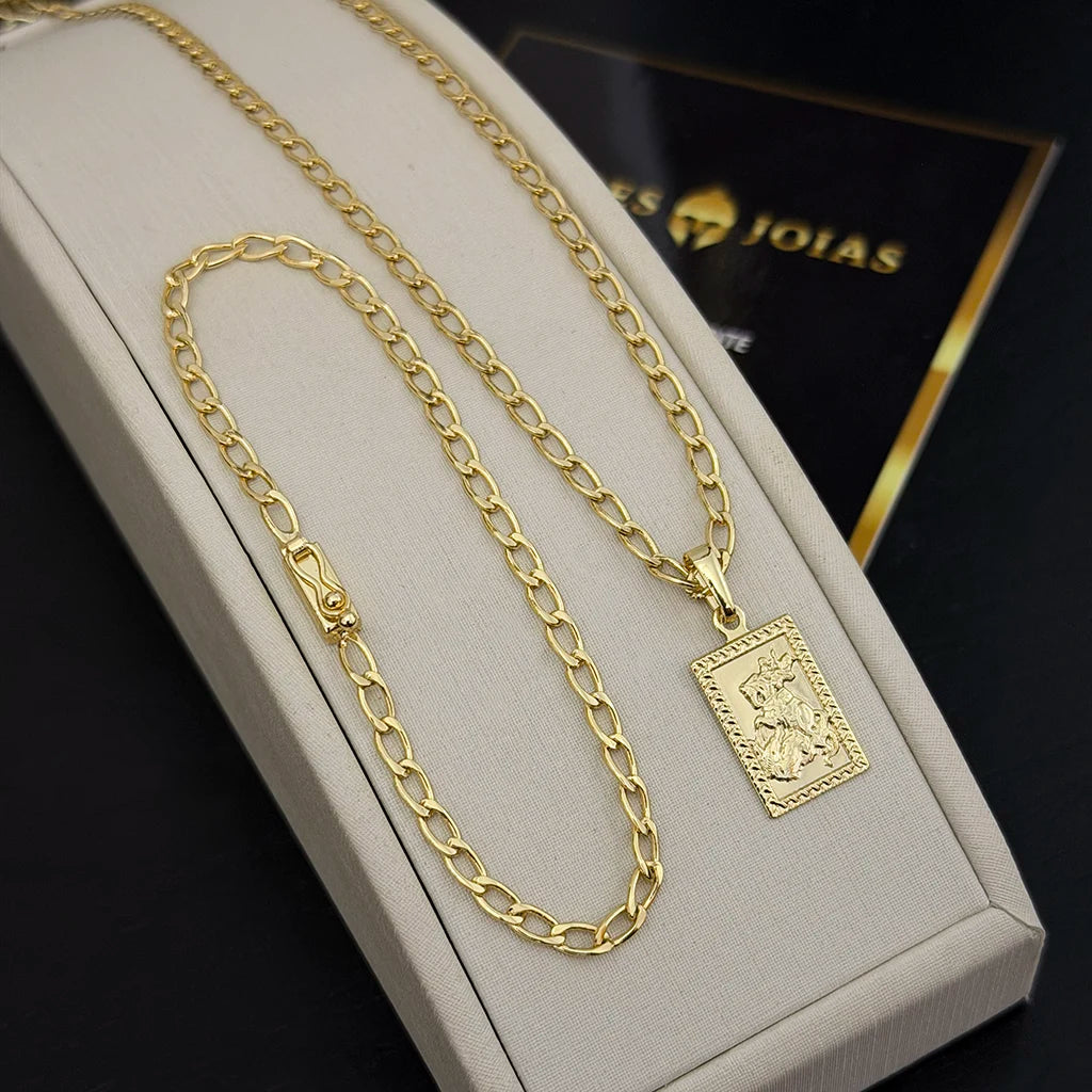 Corrente e Pulseira Grumet Aberta 4mm e Pingente São Jorge Banhado a Ouro 18K