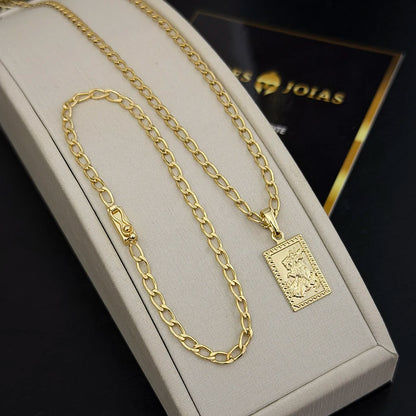 Corrente e Pulseira Grumet Aberta 4mm e Pingente São Jorge Banhado a Ouro 18K