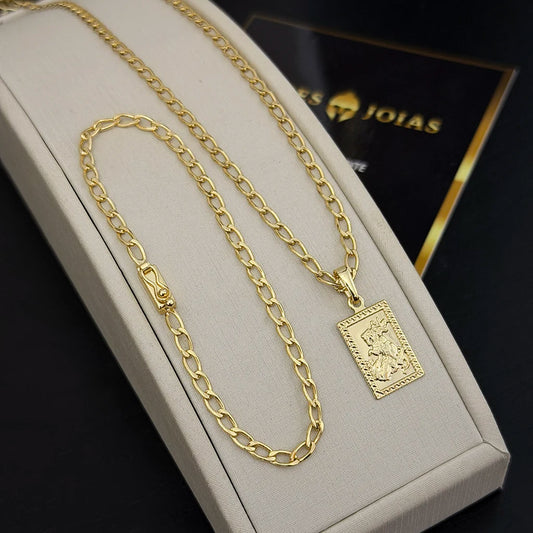 Corrente e Pulseira Grumet Aberta 4mm e Pingente São Jorge Banhado a Ouro 18K