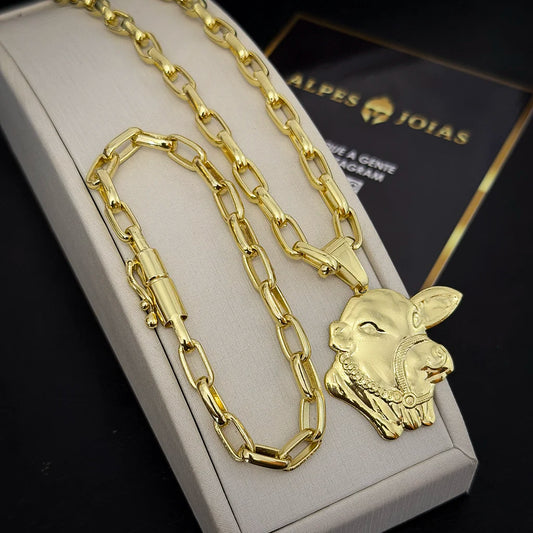 Corrente e Pulseira Meia Cana 6mm e Pingente Boi Nelore Banhado a Ouro 18K