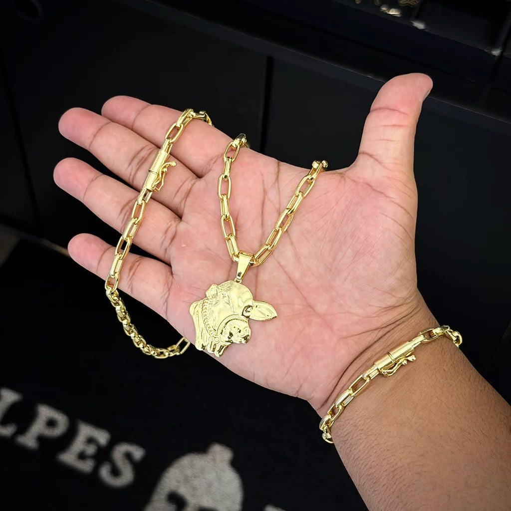 Corrente e Pulseira Meia Cana 6mm e Pingente Boi Nelore Banhado a Ouro 18K