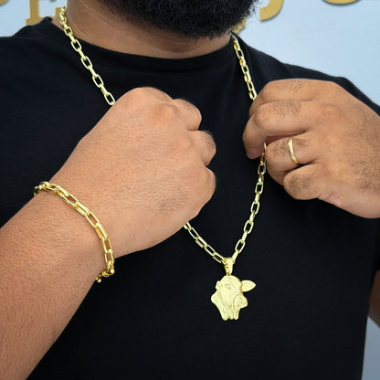 Corrente e Pulseira Meia Cana 6mm e Pingente Boi Nelore Banhado a Ouro 18K