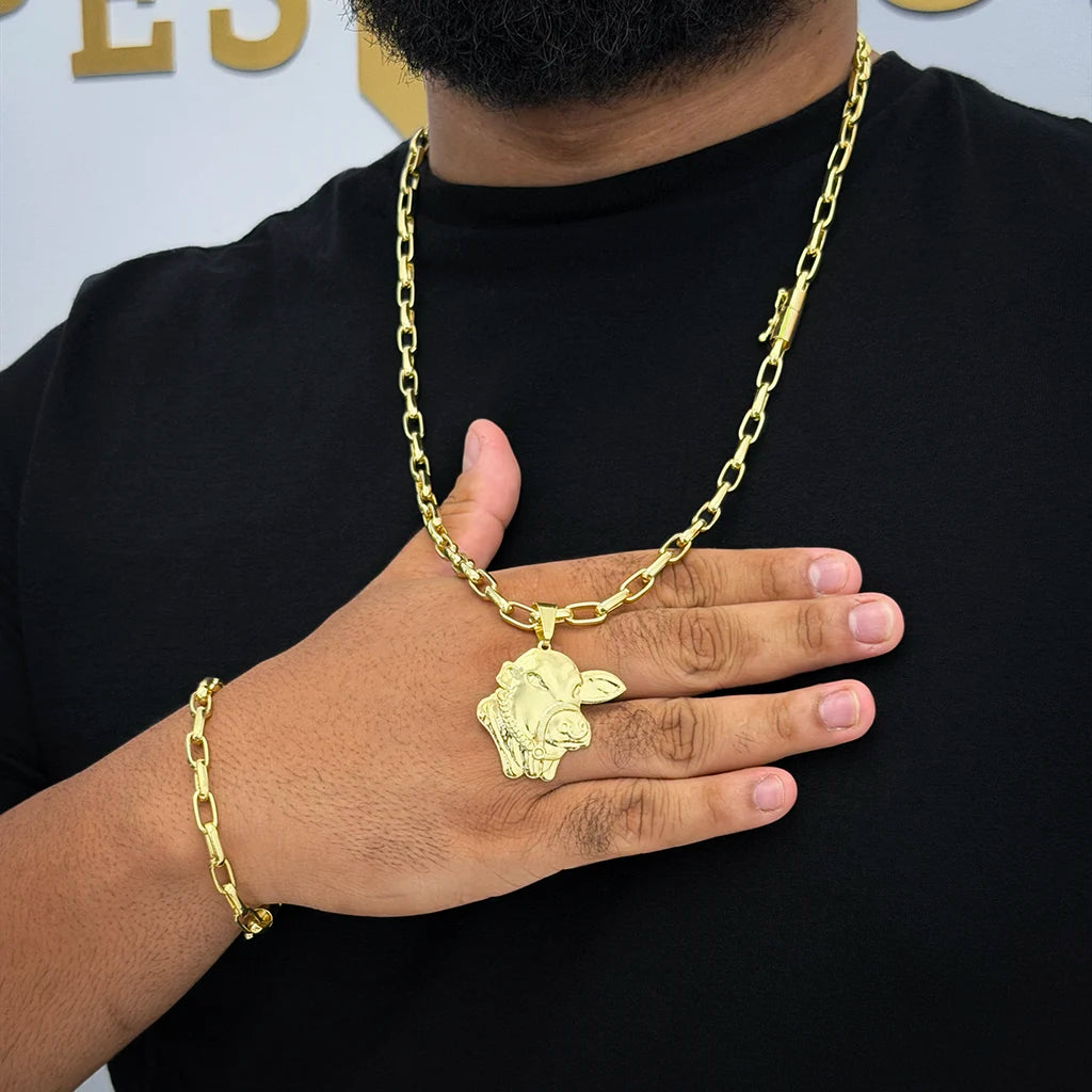 Corrente e Pulseira Meia Cana 6mm e Pingente Boi Nelore Banhado a Ouro 18K