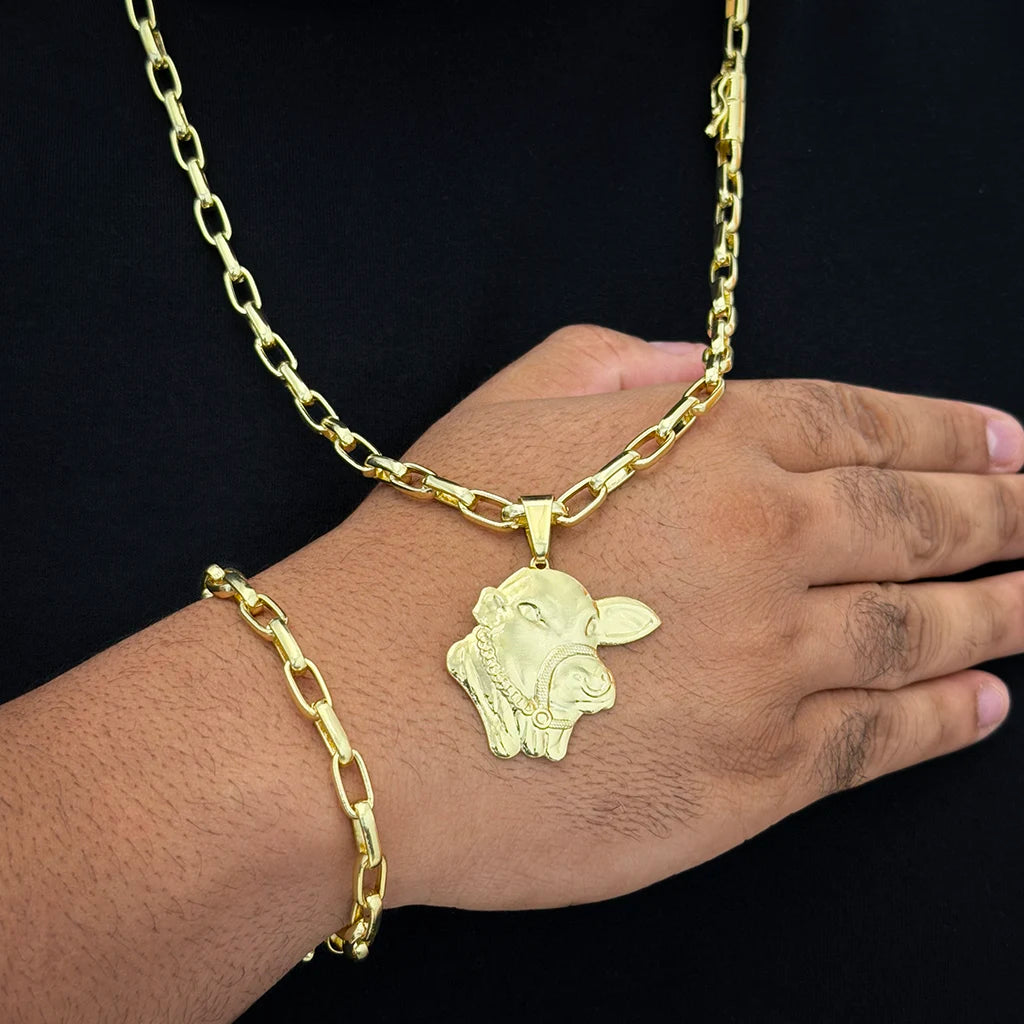 Corrente e Pulseira Meia Cana 6mm e Pingente Boi Nelore Banhado a Ouro 18K