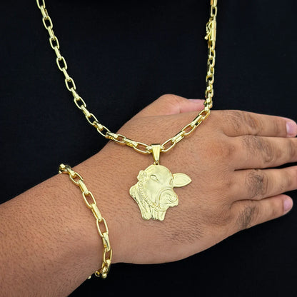 Corrente e Pulseira Meia Cana 6mm e Pingente Boi Nelore Banhado a Ouro 18K