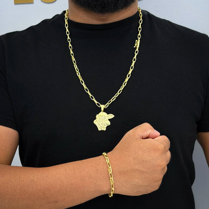 Corrente e Pulseira Meia Cana 6mm e Pingente Boi Nelore Banhado a Ouro 18K
