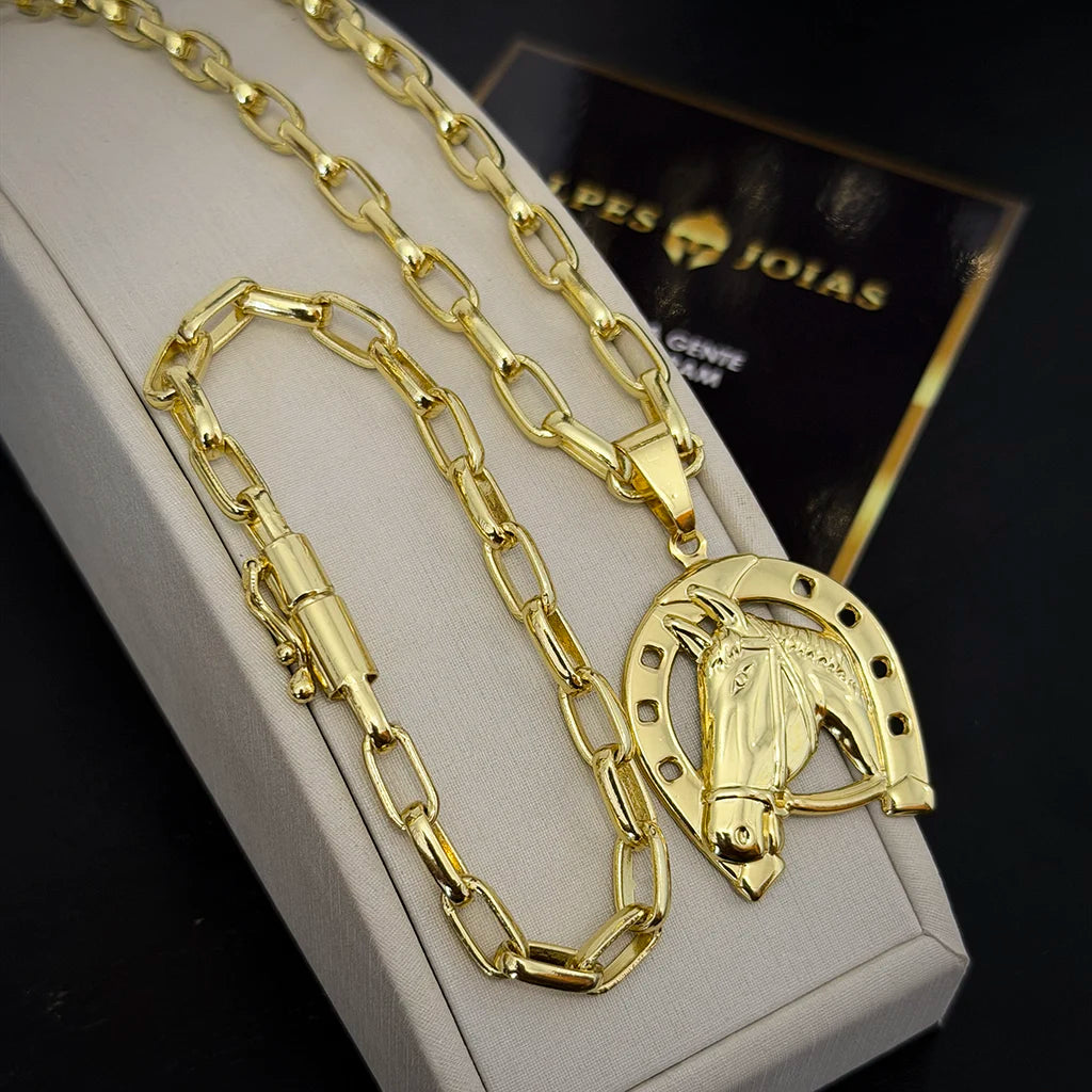 Corrente e Pulseira Meia Cana 6mm e Pingente Cavalo Banhado a Ouro 18K