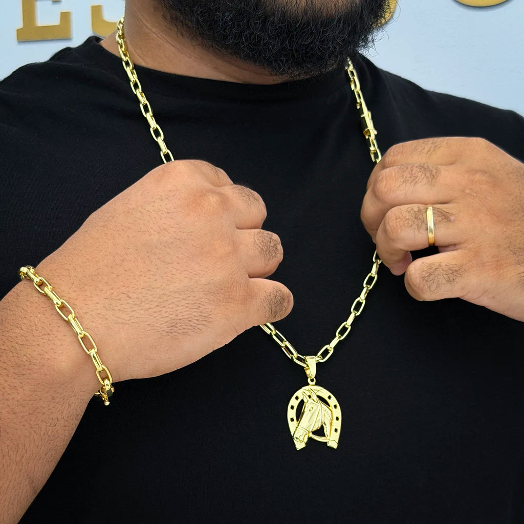 Corrente e Pulseira Meia Cana 6mm e Pingente Cavalo Banhado a Ouro 18K