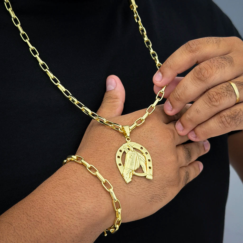 Corrente e Pulseira Meia Cana 6mm e Pingente Cavalo Banhado a Ouro 18K