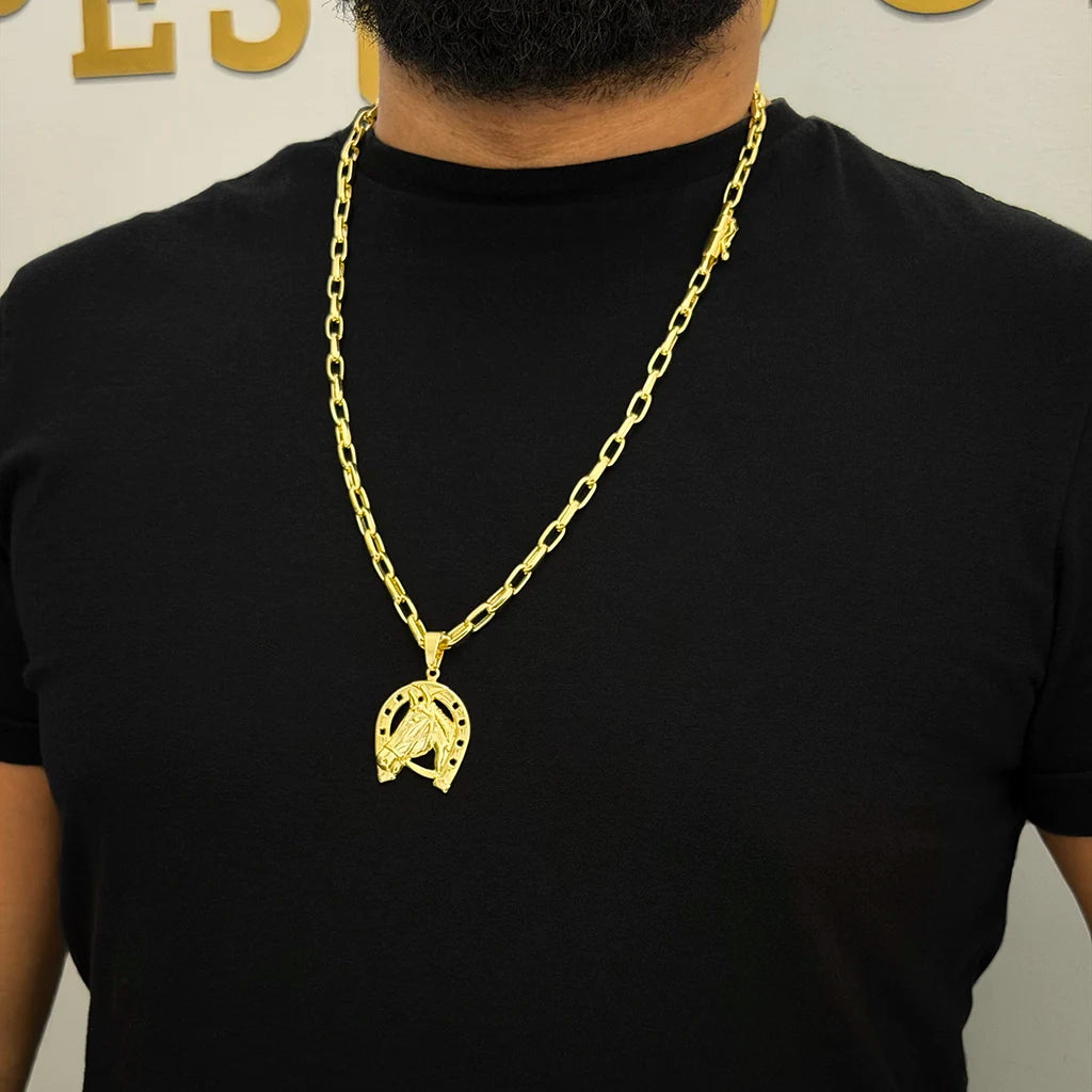 Corrente e Pulseira Meia Cana 6mm e Pingente Cavalo Banhado a Ouro 18K