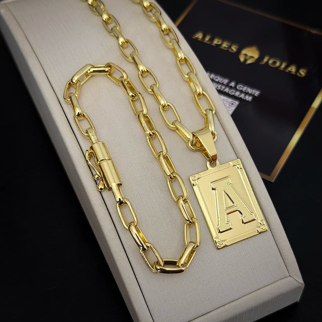 Corrente e Pulseira Meia Cana 6mm e Pingente Letra Banhado a Ouro 18K