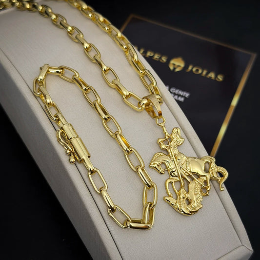 Corrente e Pulseira Meia Cana 6mm e Pingente São Jorge Banhado a Ouro 18K