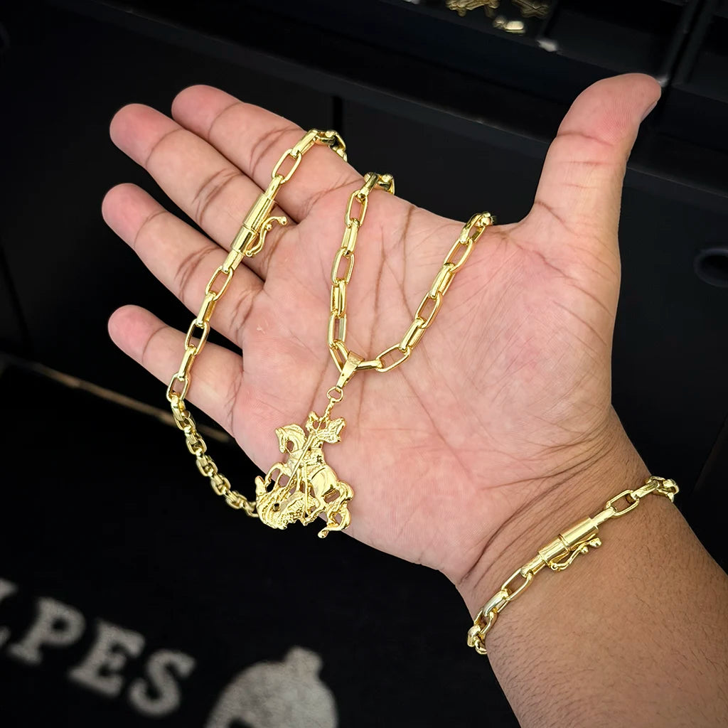Corrente e Pulseira Meia Cana 6mm e Pingente São Jorge Banhado a Ouro 18K