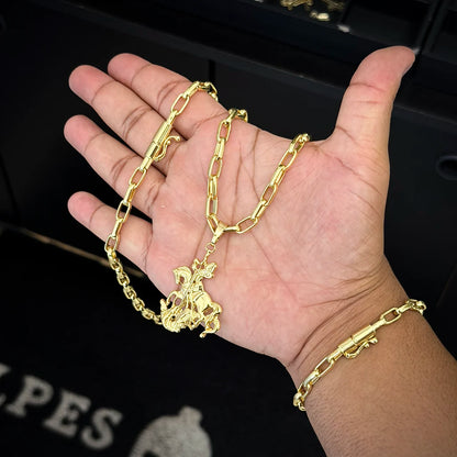 Corrente e Pulseira Meia Cana 6mm e Pingente São Jorge Banhado a Ouro 18K