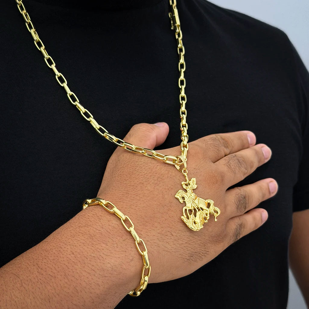 Corrente e Pulseira Meia Cana 6mm e Pingente São Jorge Banhado a Ouro 18K