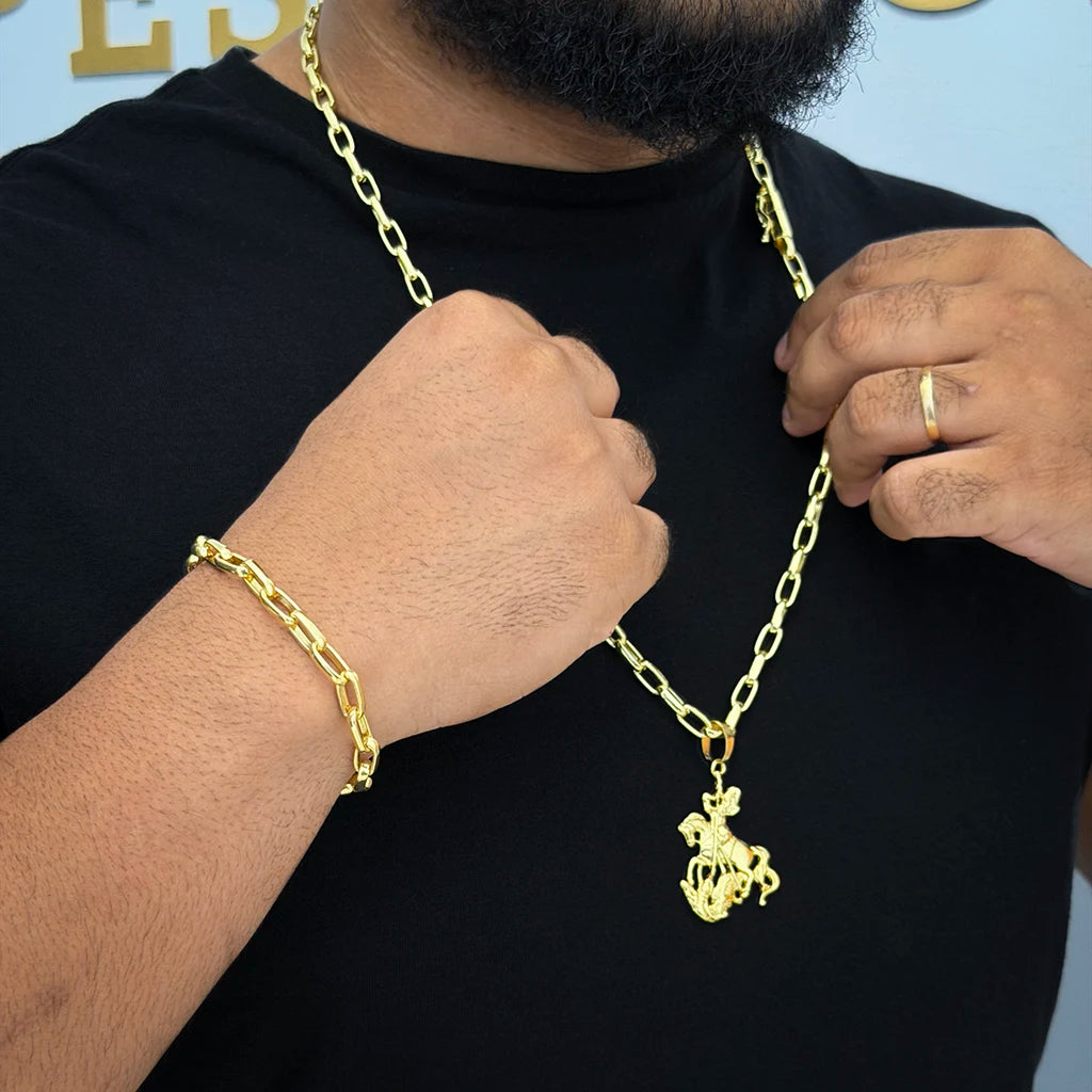 Corrente e Pulseira Meia Cana 6mm e Pingente São Jorge Banhado a Ouro 18K