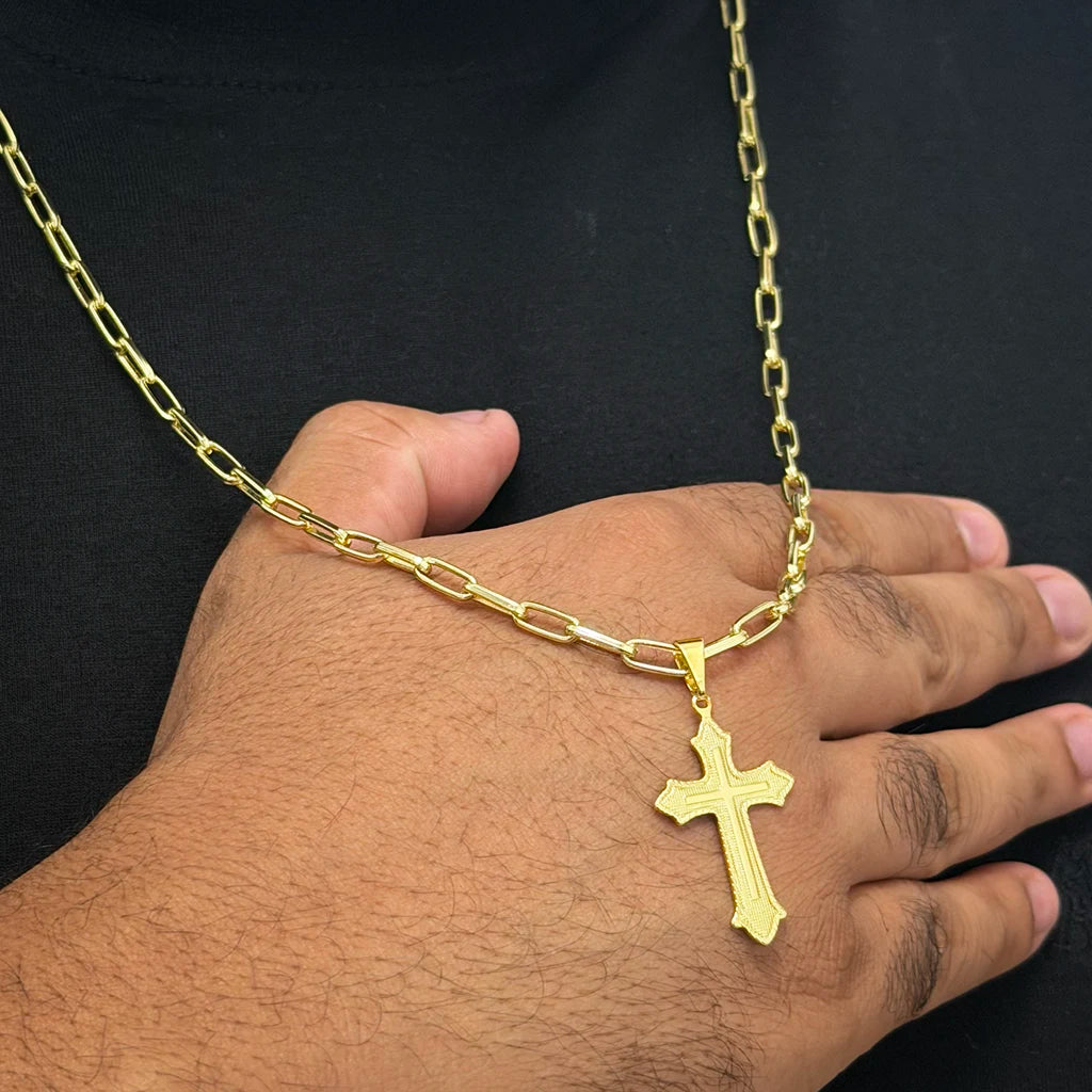 Corrente Meia Cana 4mm e Pingente Cruz Relevo Banhado a Ouro 18K