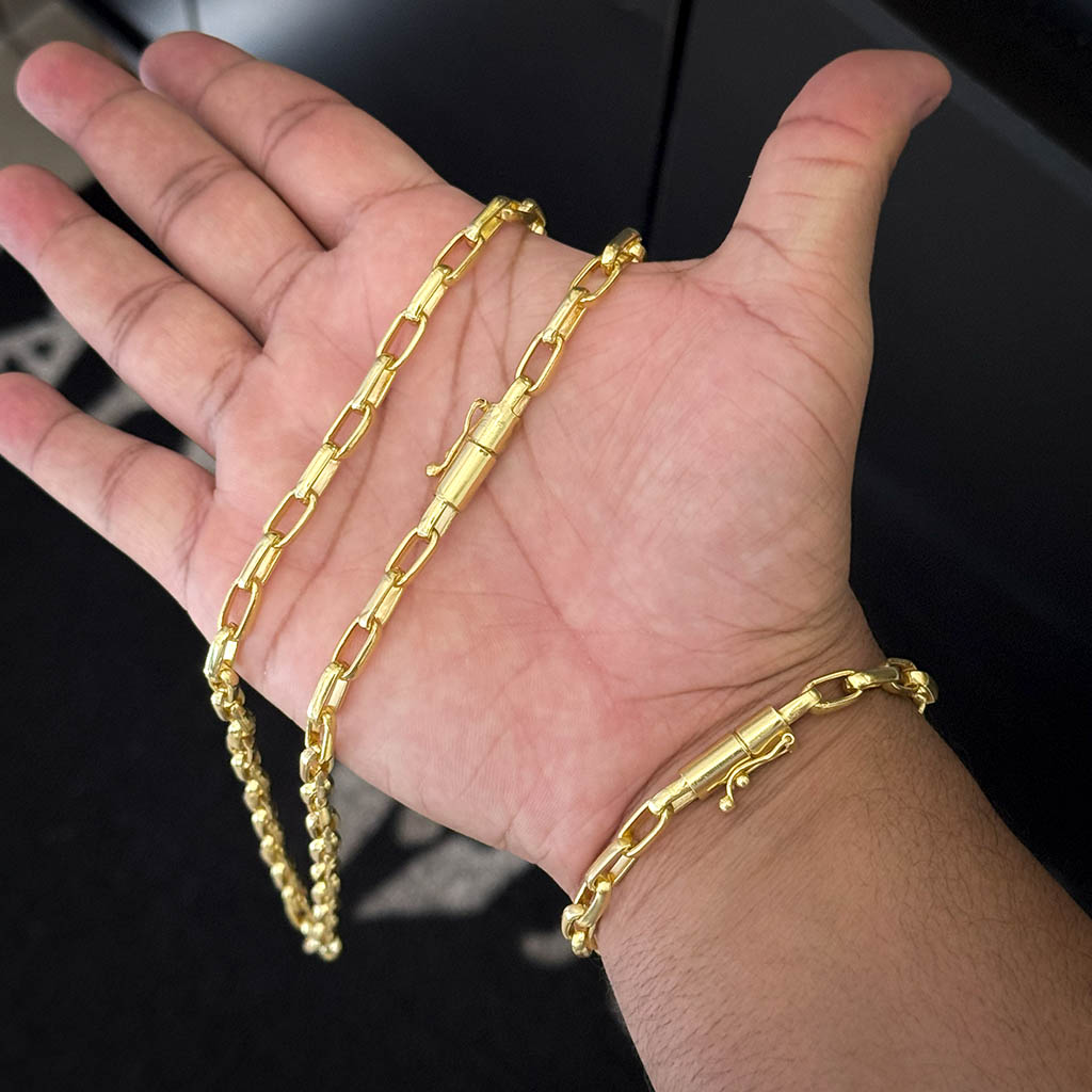 Corrente + Pulseira Meia Cana 6mm Banhado a Ouro 18K
