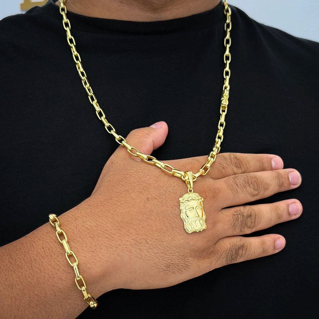 Kit Corrente e Pulseira Meia Cana 6mm e Pingente Face de Jesus Banhado a Ouro 18K