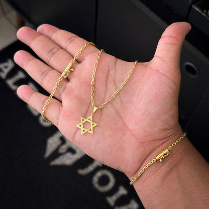 Kit Corrente e Pulseira Cadeado 2mm e Pingente Estrela de Davi Banhado a Ouro 18K