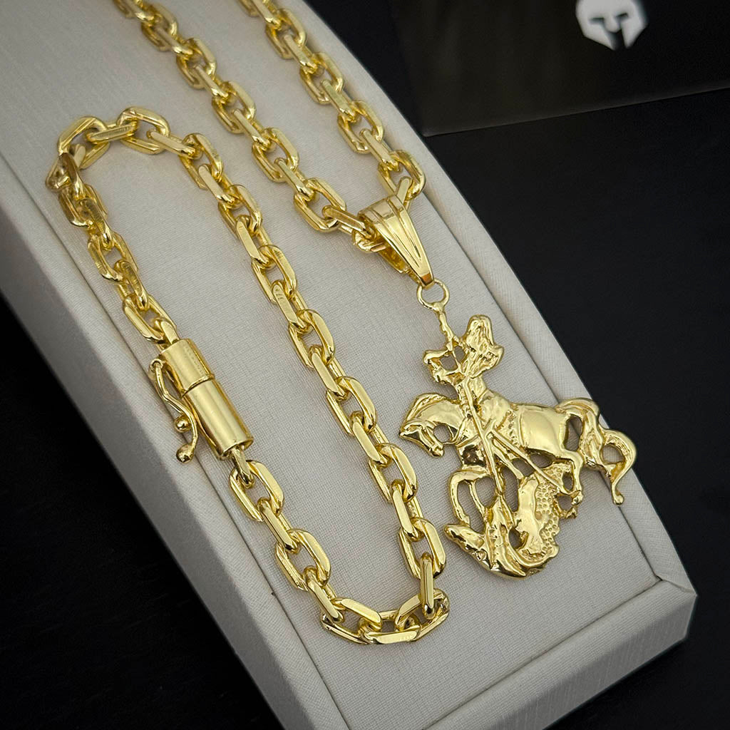 Kit Corrente e Pulseira Cadeado 6mm e Pingente São Jorge Banhado a Ouro 18K