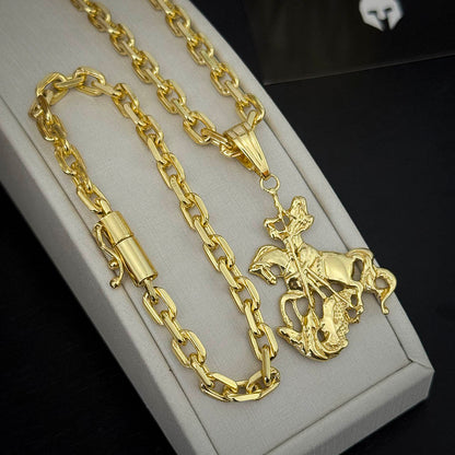 Kit Corrente e Pulseira Cadeado 6mm e Pingente São Jorge Banhado a Ouro 18K