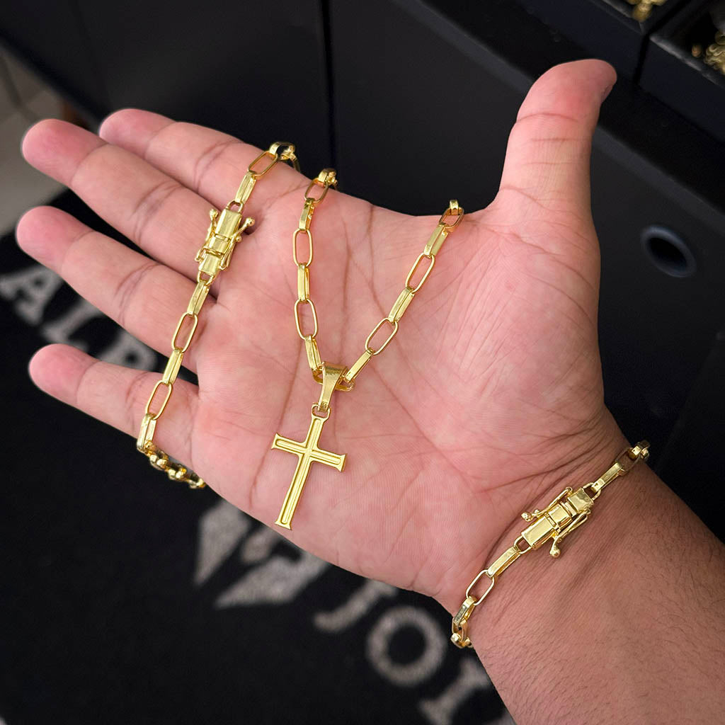 Kit Corrente e Pulseira Elo Alongado 5mm e Pingente Cruz Banhado a Ouro 18K