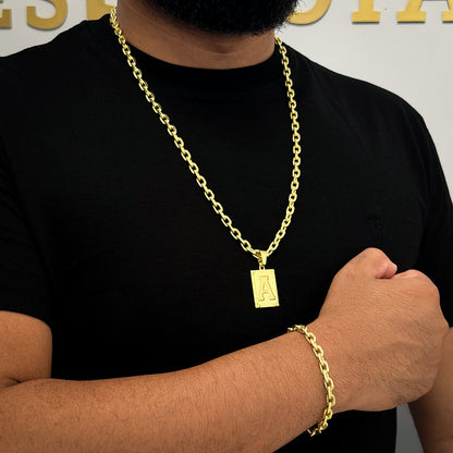 Kit Corrente e Pulseira Cadeado 6mm e Pingente Letra Banhado a Ouro 18K