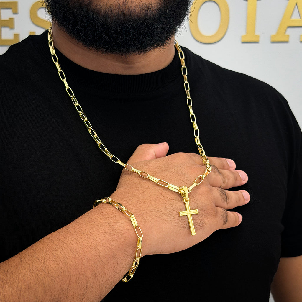 Kit Corrente e Pulseira Elo Alongado 5mm e Pingente Cruz