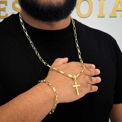 Kit Corrente e Pulseira Elo Alongado 5mm e Pingente Cruz