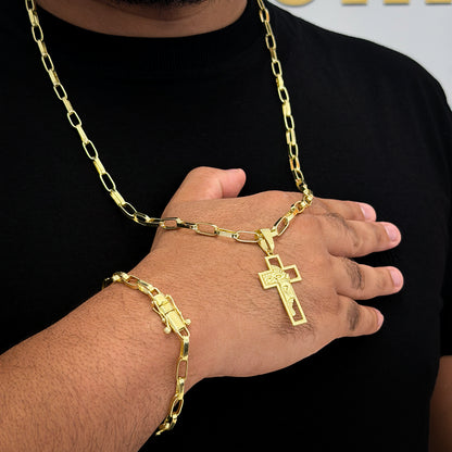 Kit Corrente e Pulseira Elo Alongado 5mm e Pingente Cruz Rosto Banhado a Ouro 18K