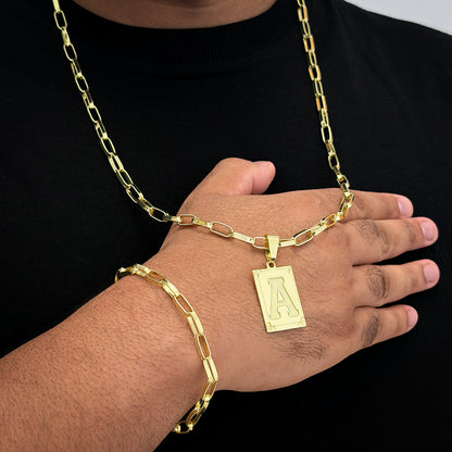 Kit Corrente e Pulseira Elo Alongado 5mm e Pingente Letra Banhado a Ouro 18K