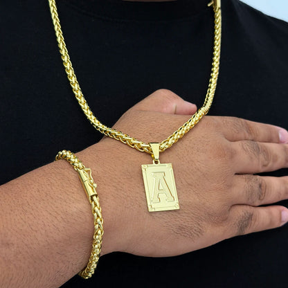 Kit Corrente e Pulseira Peruana 7mm e Pingente Letra Banhado a Ouro 18K