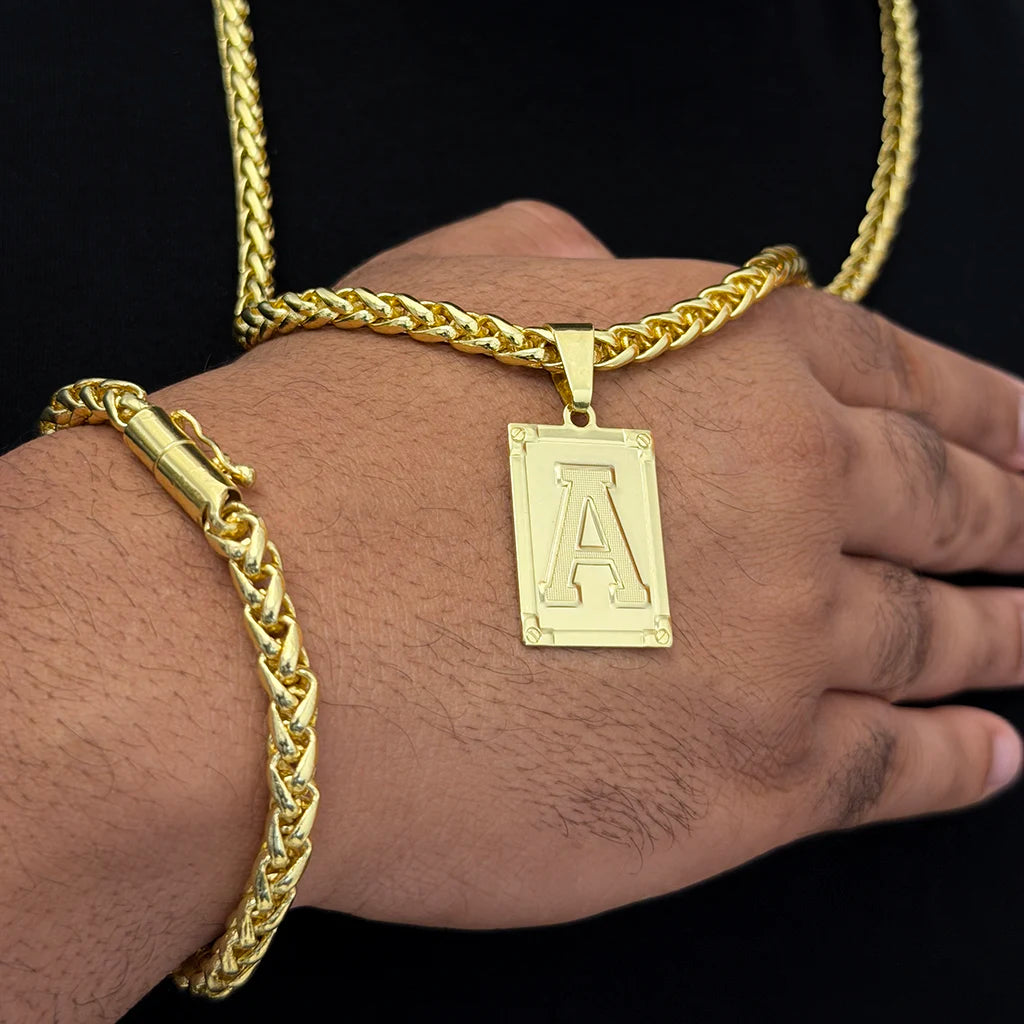 Kit Corrente e Pulseira Peruana 7mm e Pingente Letra Banhado a Ouro 18K