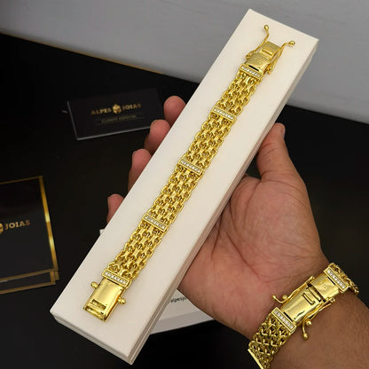 Pulseira Bismark Cravejada 16mm Banhado a Ouro 18K