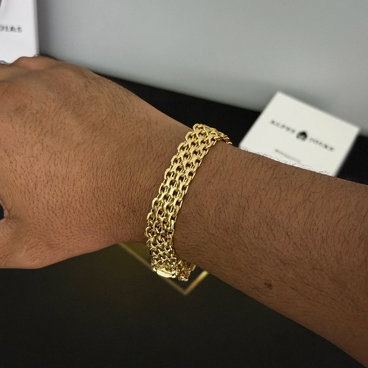 Pulseira Bismark Esteira 13mm Banhado a Ouro 18K