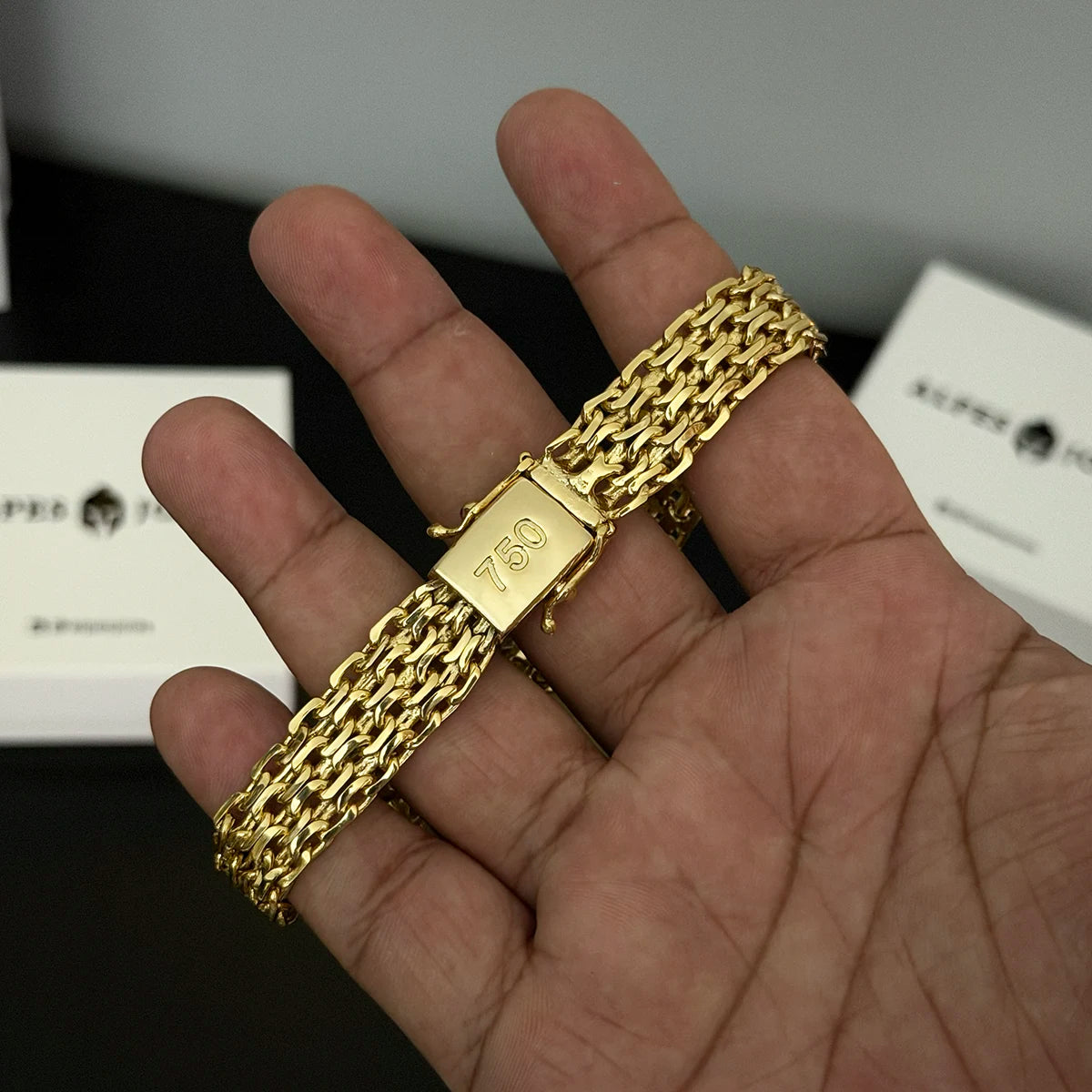Pulseira Bismark Esteira 13mm Banhado a Ouro 18K