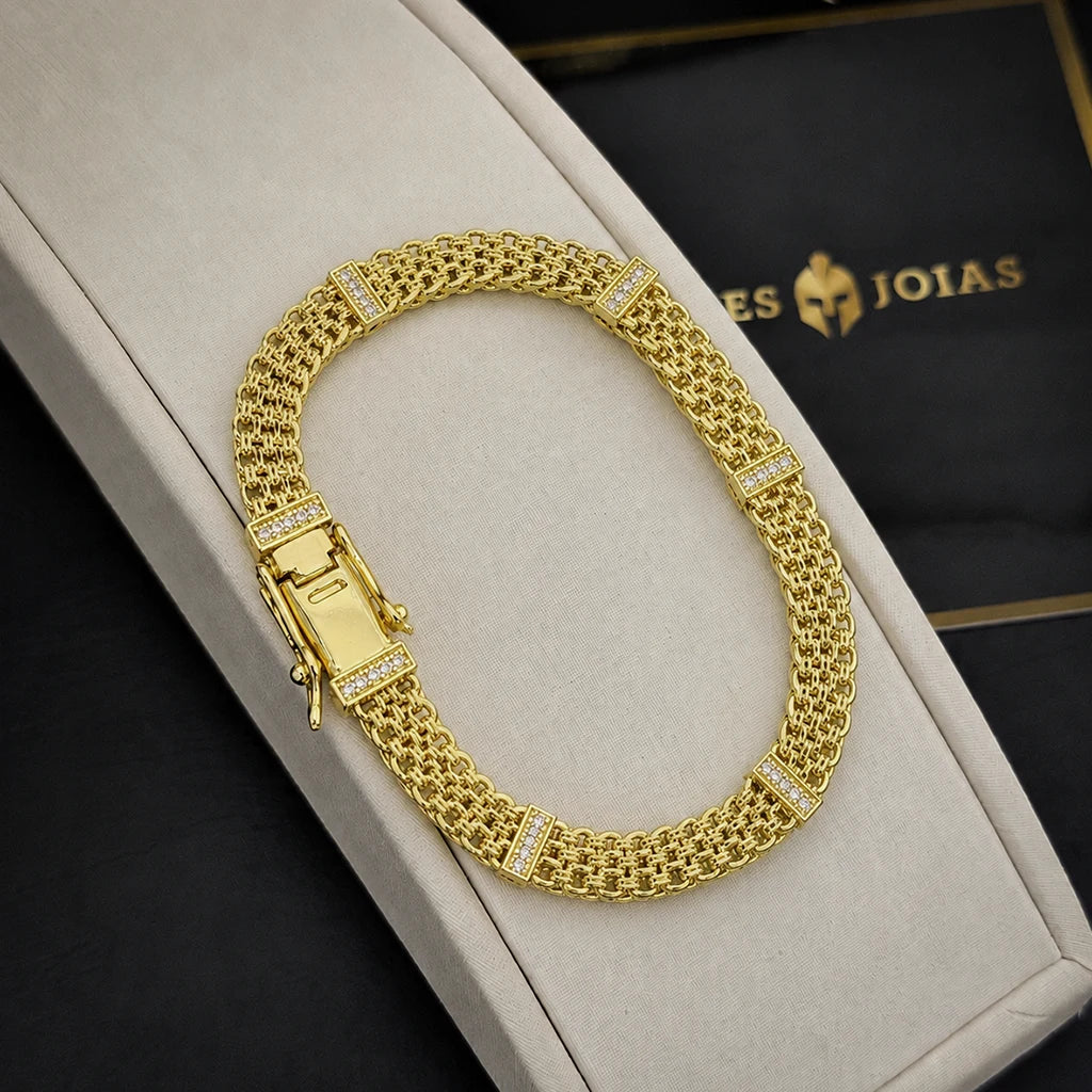 Pulseira Esteira 10mm Cravejada Banhado a Ouro 18K