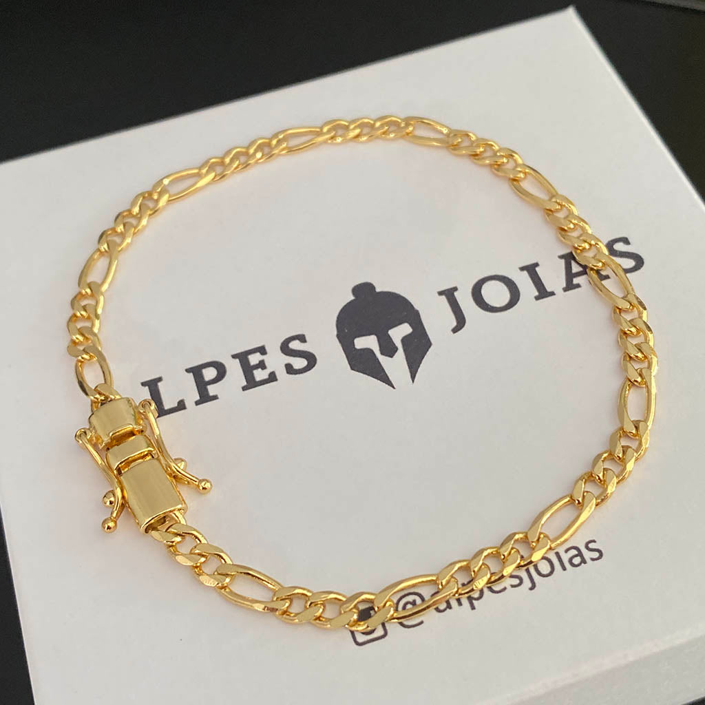 Pulseira Fígaro 3x1 4mm Banhado a Ouro 18K