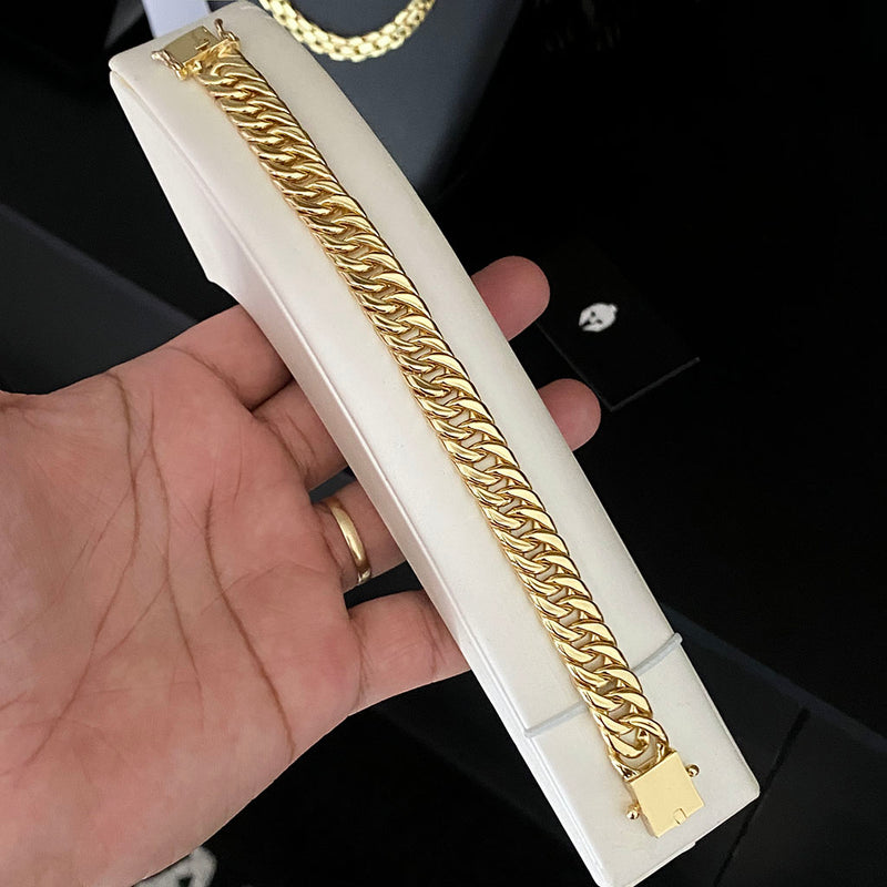 Kit Corrente e Pulseira Maciça 10mm Banhado a Ouro 18K