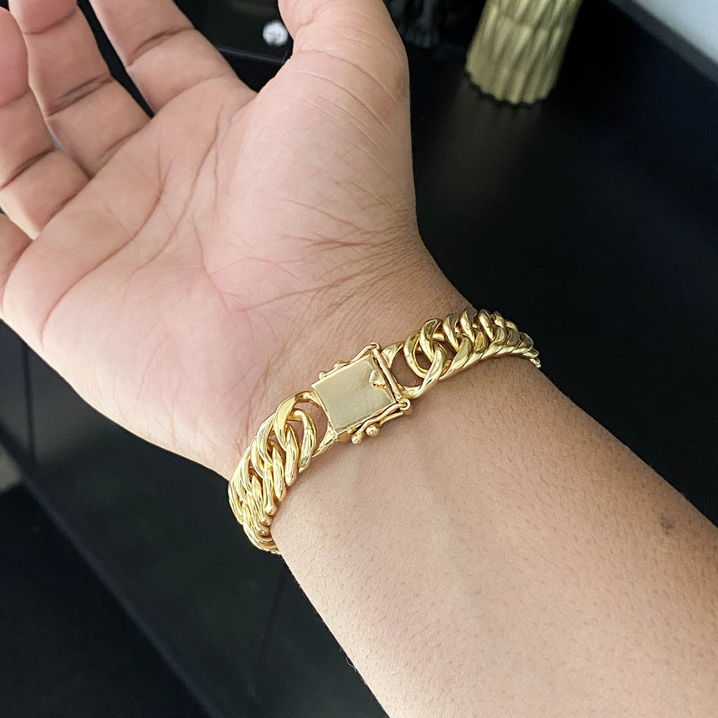 Kit Corrente e Pulseira Maciça 13mm Banhado a Ouro 18K
