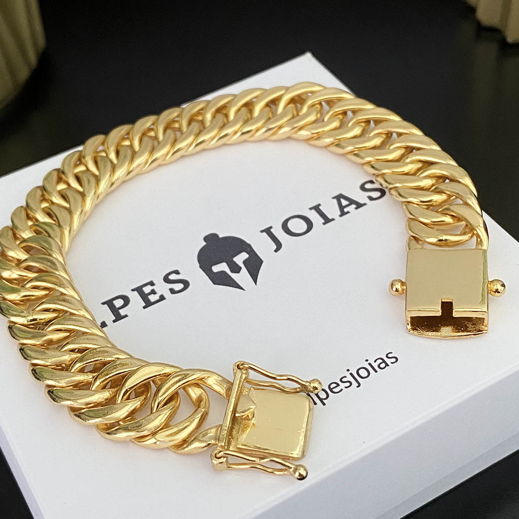 Kit Corrente e Pulseira Maciça 13mm Banhado a Ouro 18K