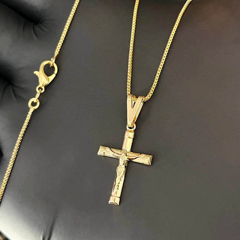 Corrente Veneziana 1mm e Pingente Crucifixo Clássico Banhado a Ouro 18K