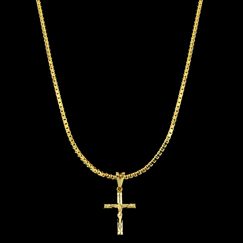 Corrente Veneziana 1mm e Pingente Crucifixo Clássico Banhado a Ouro 18K