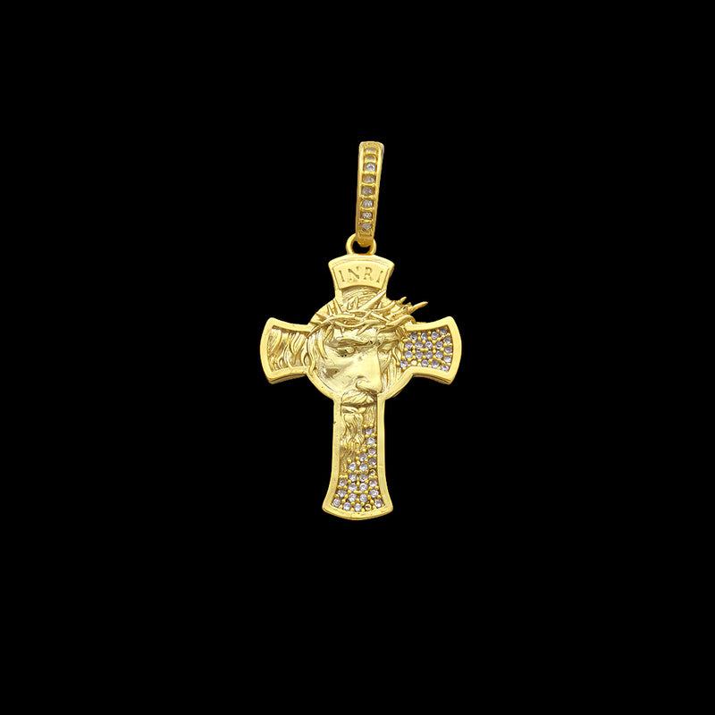 Pingente Cruz Cravejada com Rosto de Cristo Banhado a Ouro 18K