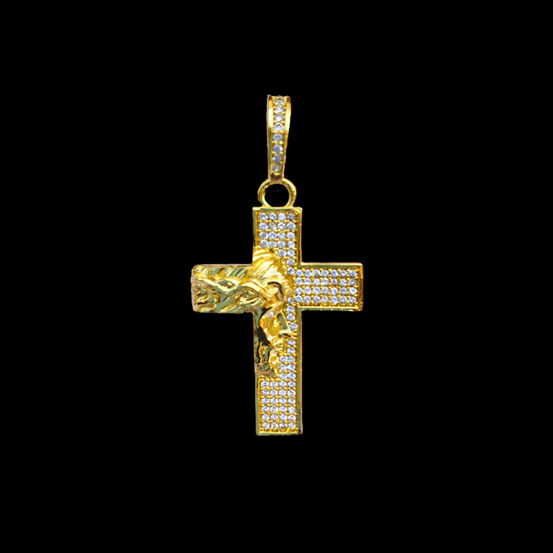 Pingente Cruz Cravejada Rosto de Jesus Banhado a Ouro 18K